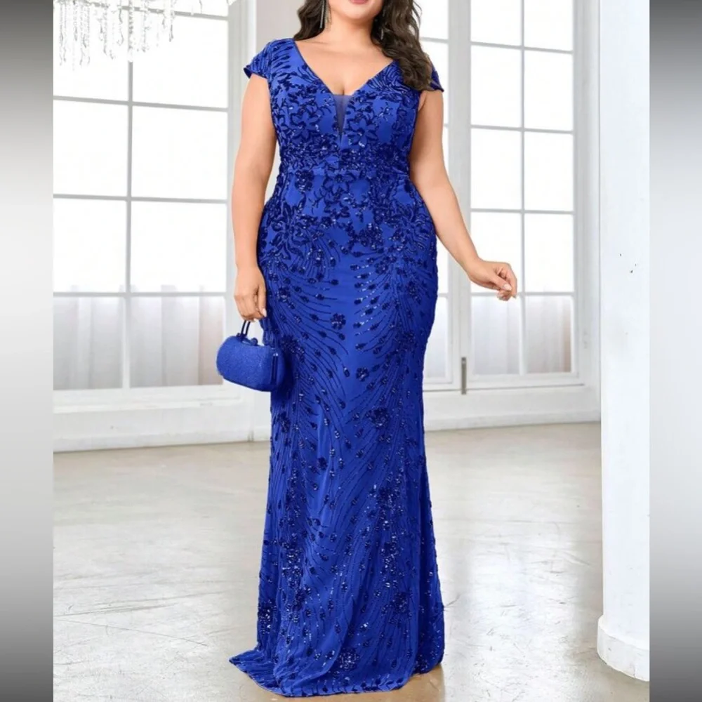 Luxe plus V neck sequin formal evening party dress - Picture 2 of 6